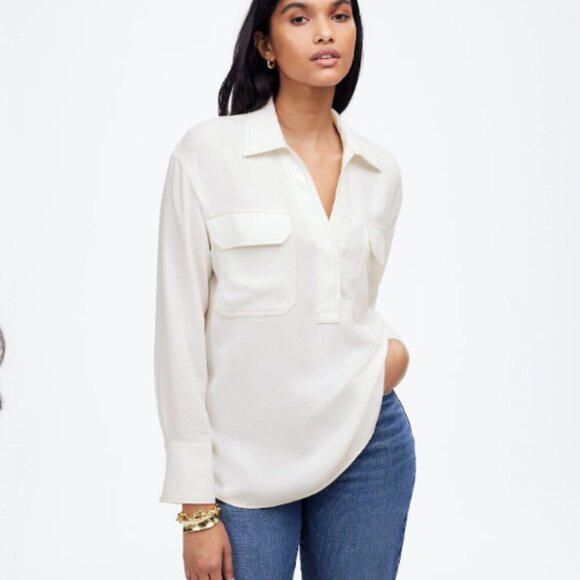 Madewell Women's Size Medium Contrast-Stitch Popover Shirt‎ Cream Classic Preppy - Picture 2 of 9